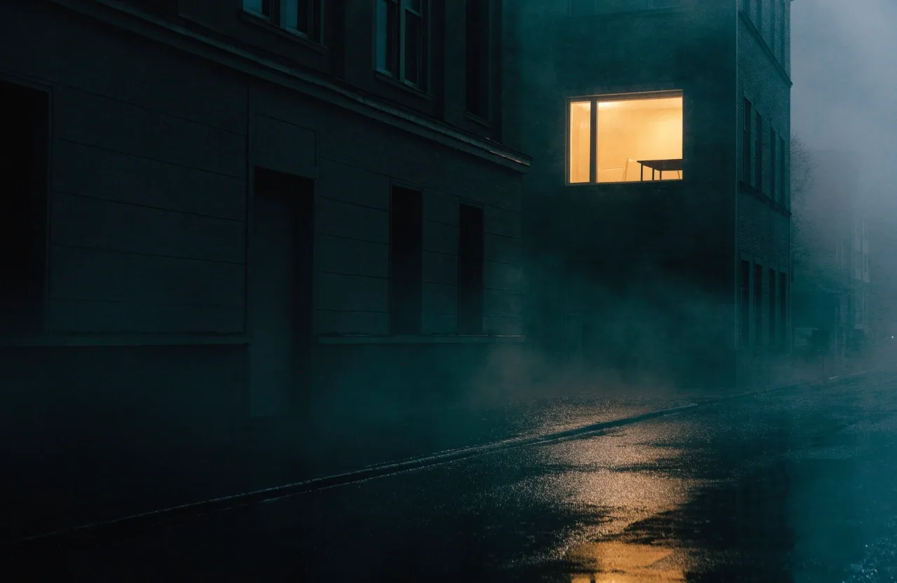 A dark office building at night with a single lit window seen from across the street