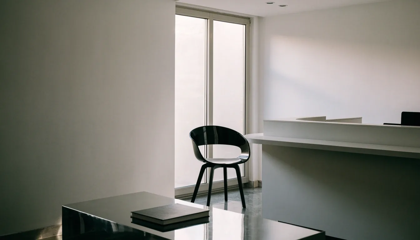 A lit studio interior seen from an open doorway after hours, desks and monitors switched on with no one at them