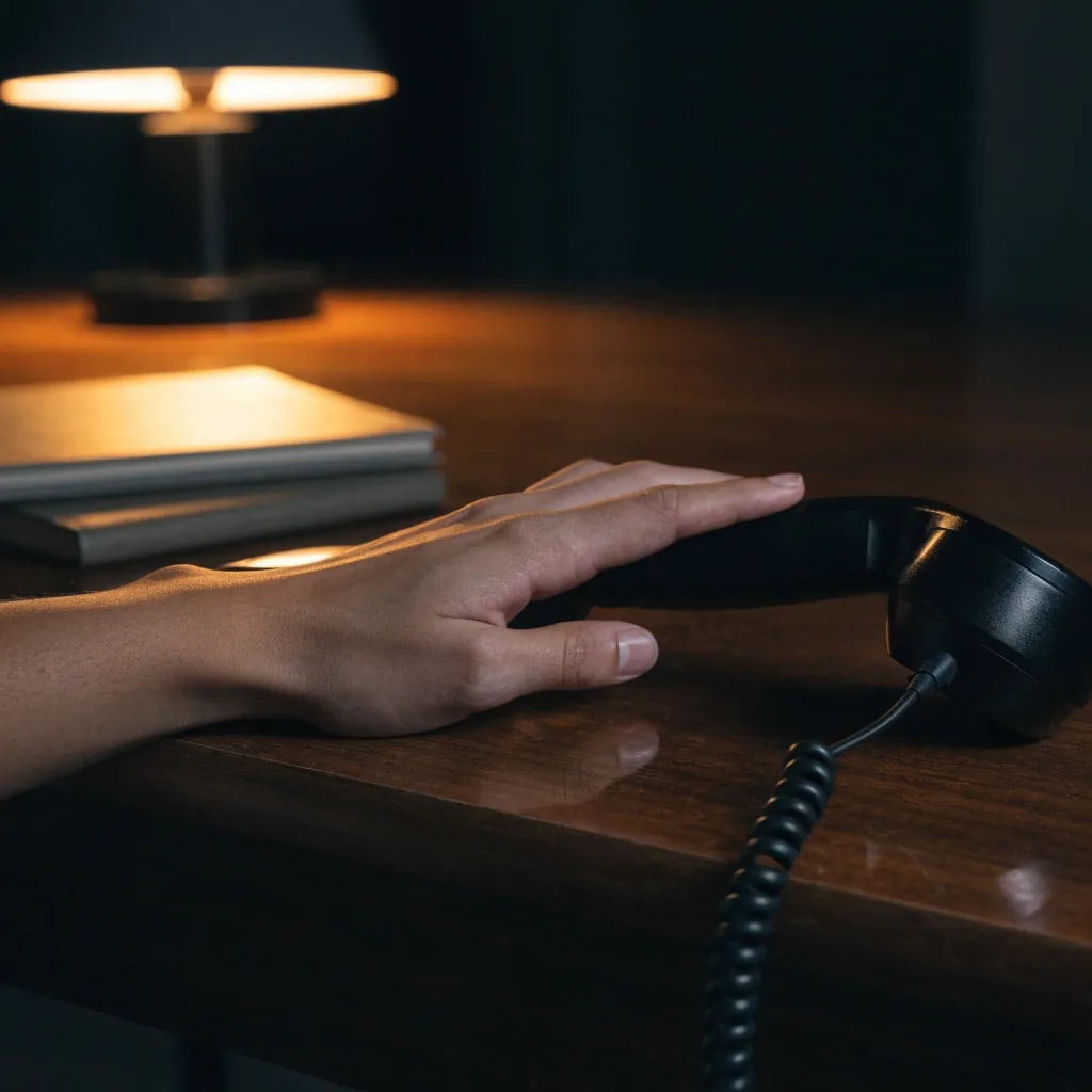 A hand beside a desk phone receiver under a warm lamp on a studio desk at night