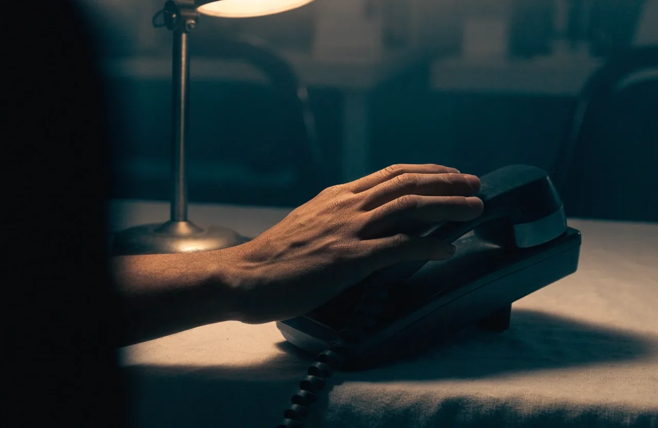 A hand on a desk receiver, lit by one warm lamp in a dark studio