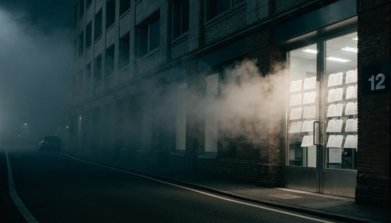 A studio doorway lit at night, seen from across a fog-softened street