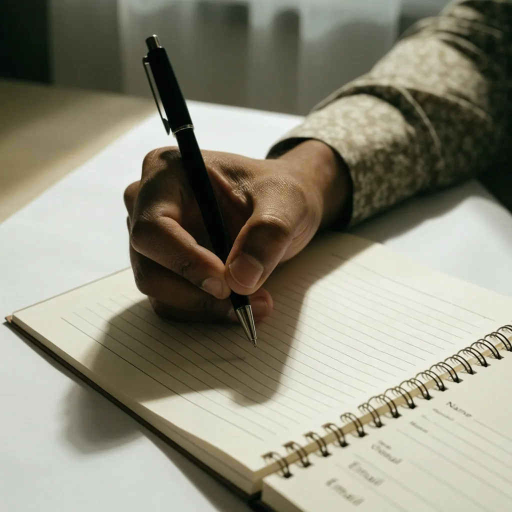 A hand writing in a notebook under a single warm desk lamp, page angled away