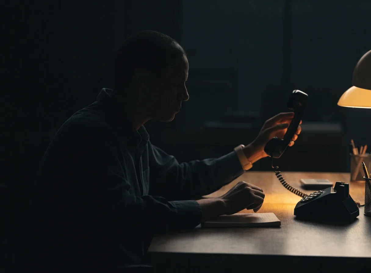 A telephone receiver on a dark desk lit by a single warm light