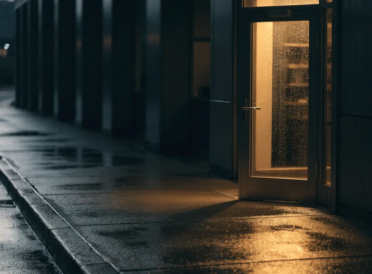 A wet street at night with one glowing doorway reflected in the asphalt