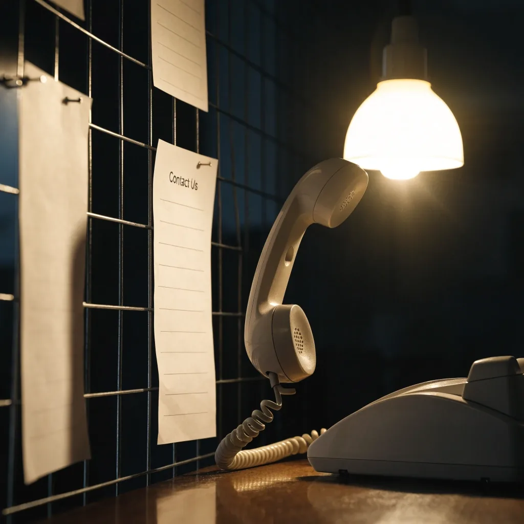 A desk phone receiver lifted off its cradle under a warm lamp at night