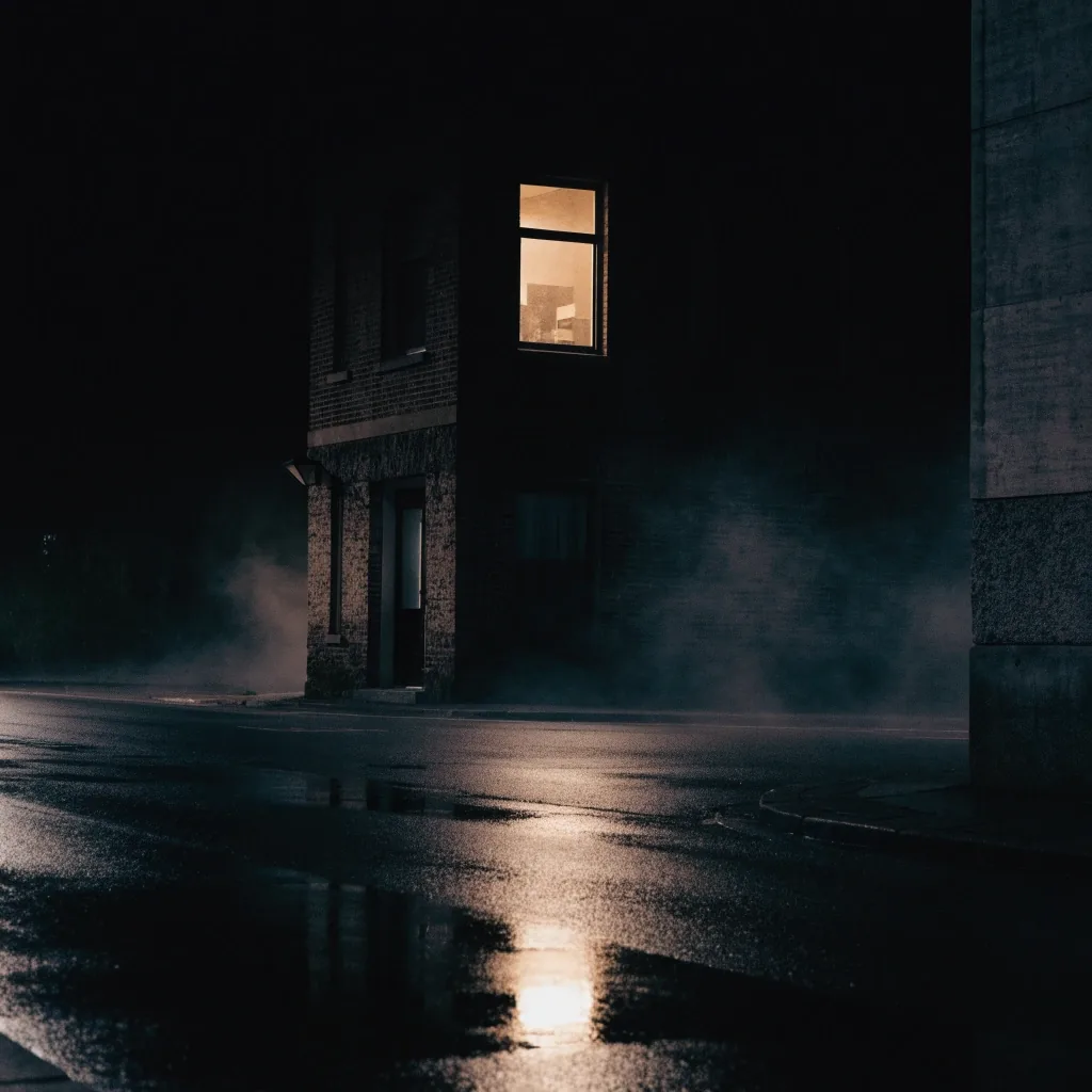 Studio building facade at night with one lit office window seen from across a fog-softened street