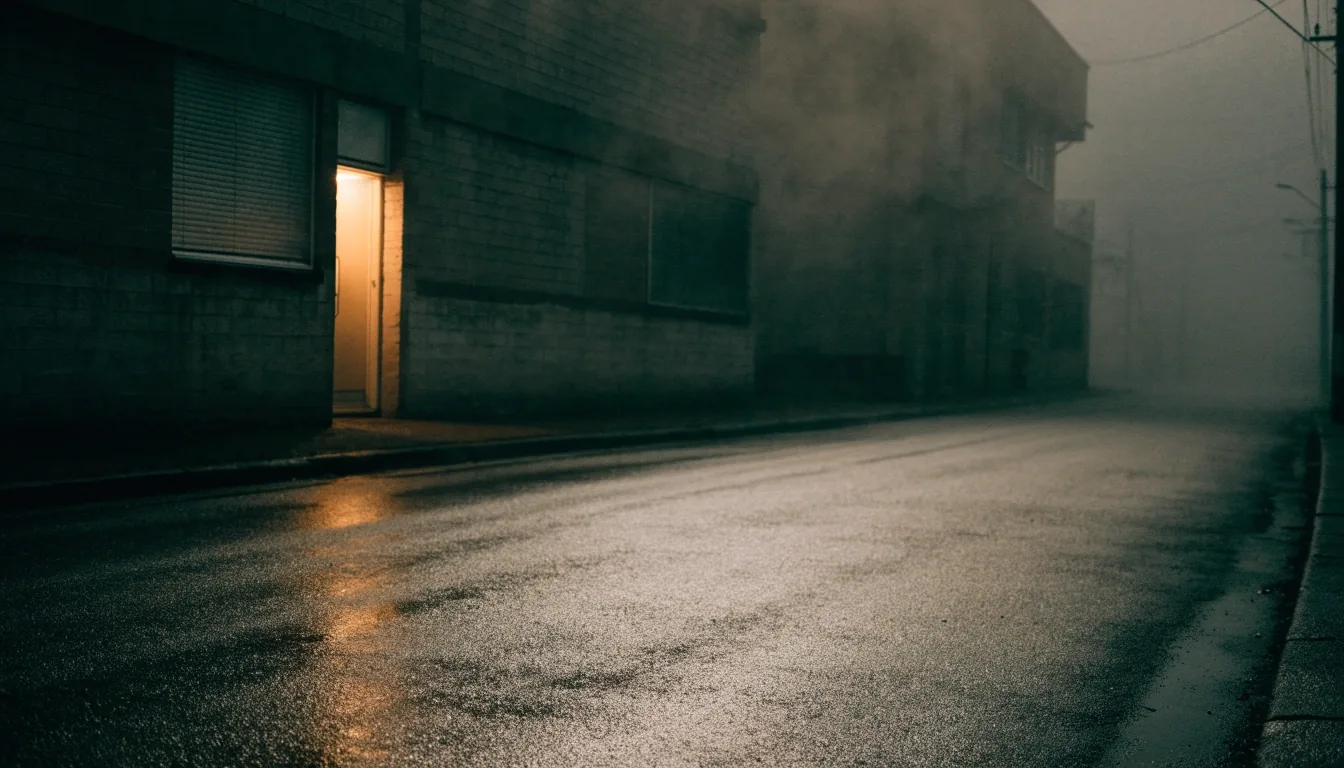 A quiet night street with one lit studio doorway across the road, reflected on wet asphalt