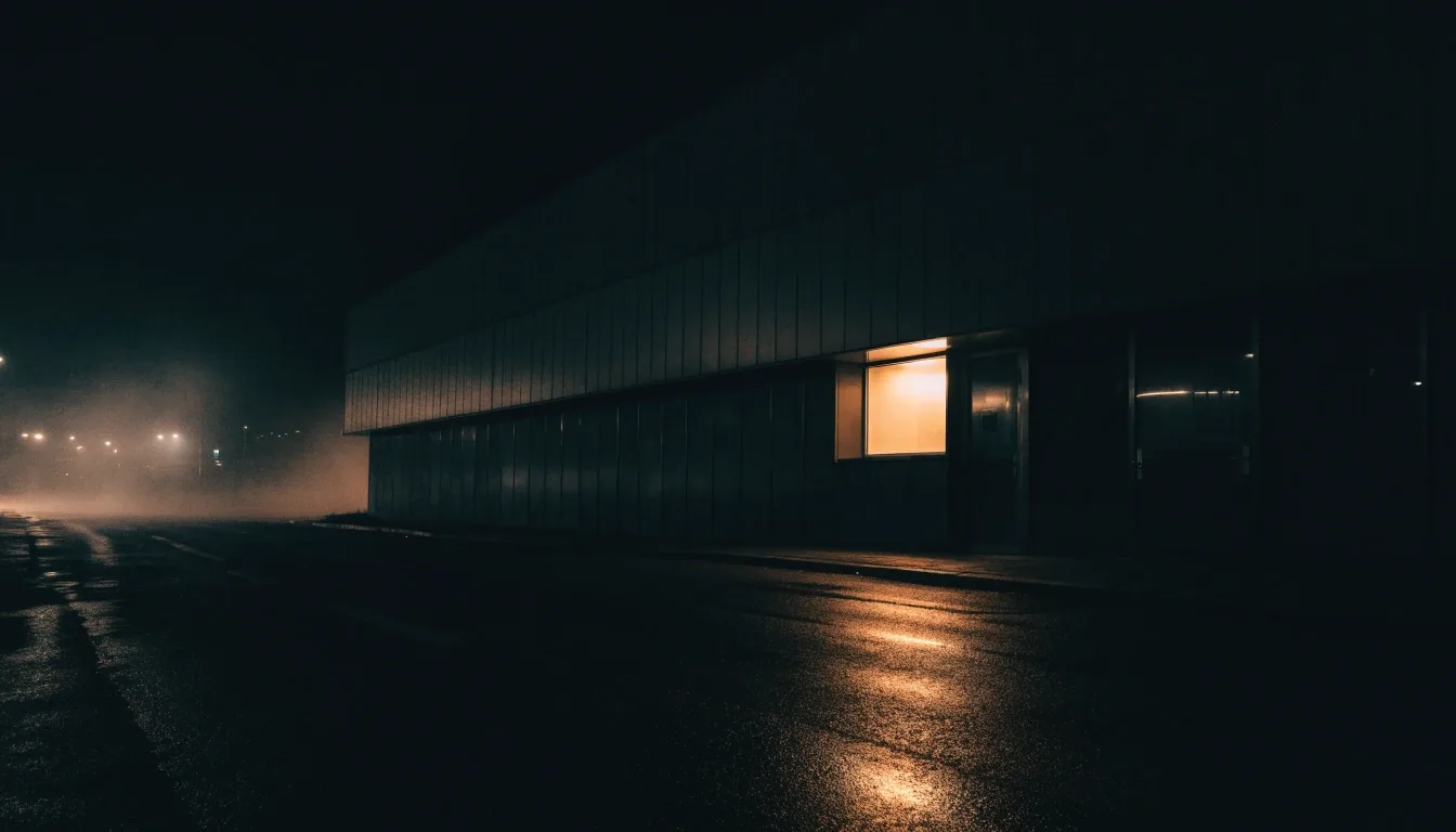 A studio building at night seen from across the street with one office window still lit and fog over wet asphalt.
