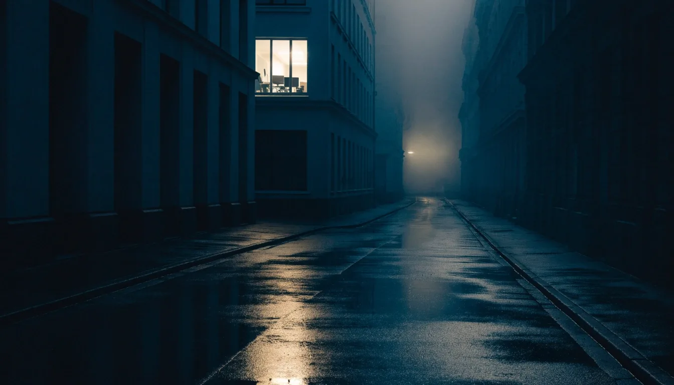 A dark building facade across a wet street with one office window lit through fog