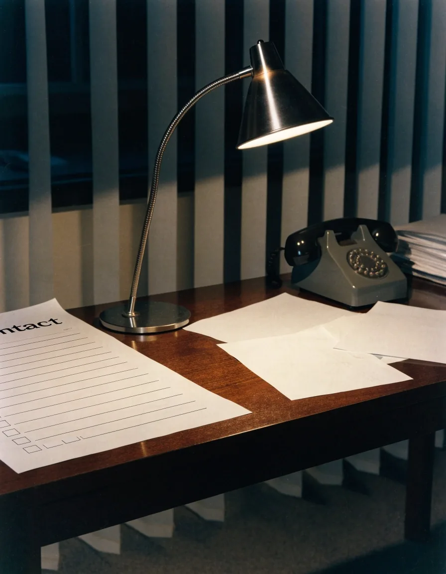 A studio desk at night with one lamp lit and a telephone receiver resting off the cradle
