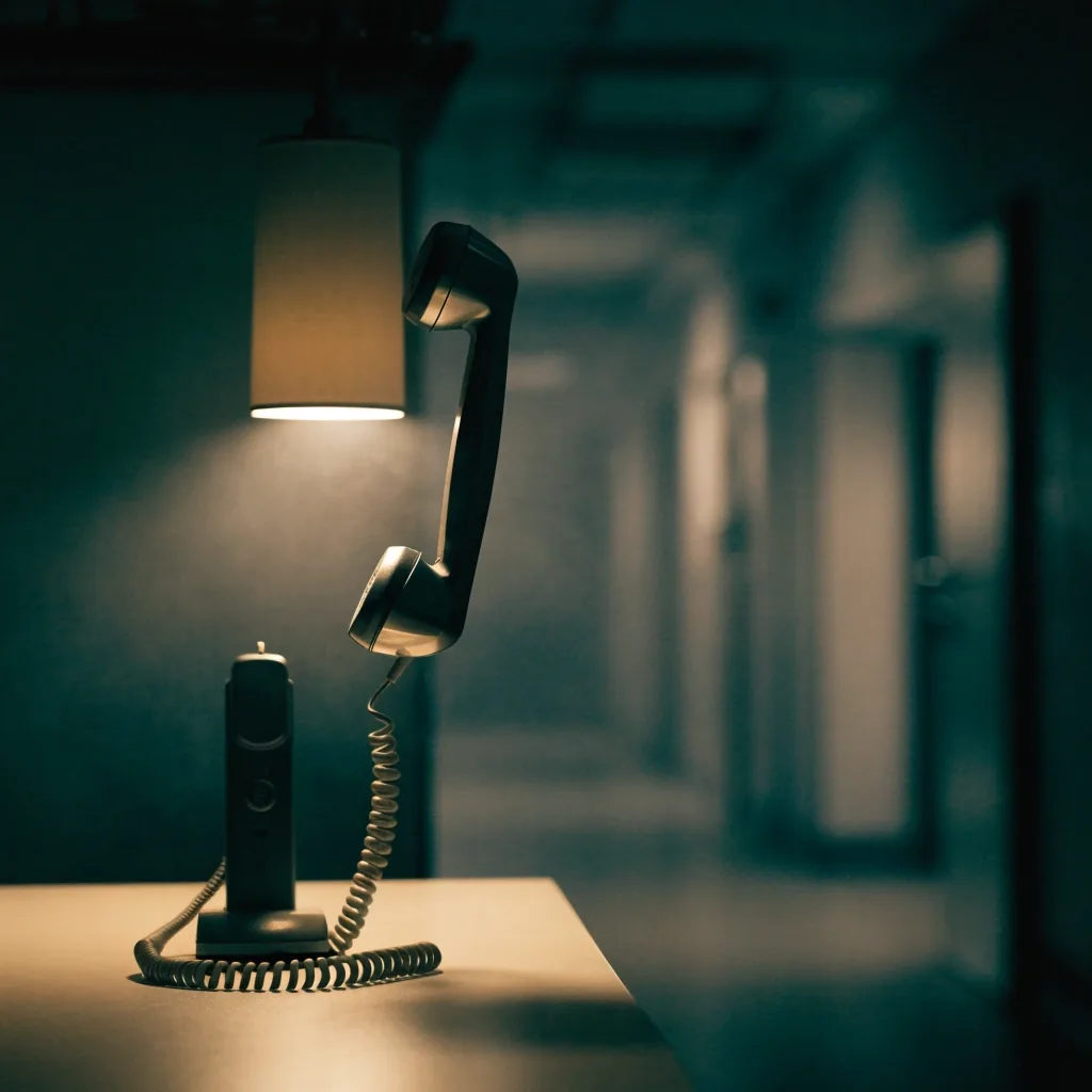 A phone receiver lifted from its cradle on a desk lit by a single lamp at night